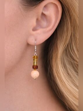 Handmade Beaded Drop Earrings | Peach Stone & Amber Glass | Artisan Boho